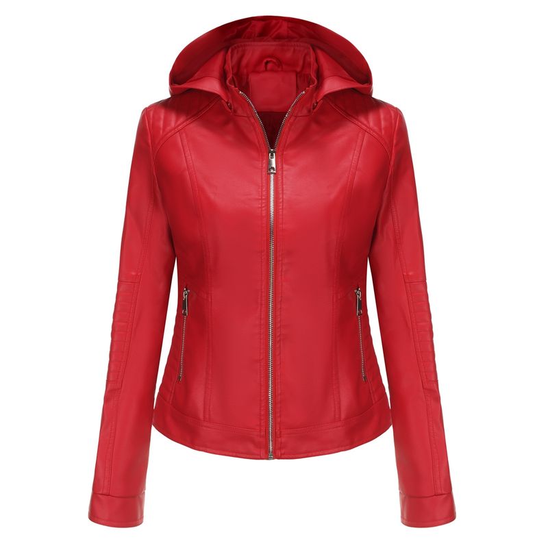 TIOZONEY - Chaqueta de PU con gorro desmontable para mujer - Rojo