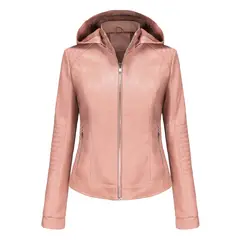 TIOZONEY - Chaqueta de PU con gorro desmontable para mujer - Rosado