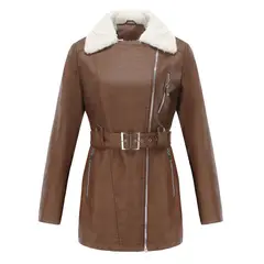 TIOZONEY - Abriigo de PU acolchada con cinturón para mujer - Café