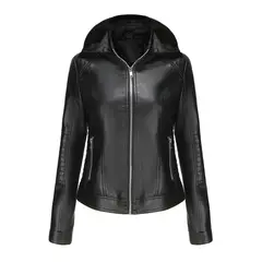 TIOZONEY - Chaqueta de PU con gorro desmontable para mujer - Negro