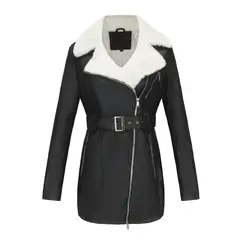 TIOZONEY - Abriigo de PU acolchada con cinturón para mujer - Negro