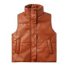 TIOZONEY - Chaleco de PU sin mangas de moda acolchadas de mujer - Café