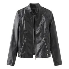 TIOZONEY - Chaqueta de PU con cuello para mujer - Negro