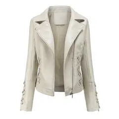 TIOZONEY - Chaqueta de PU cierre cruzado para mujer - Blanco