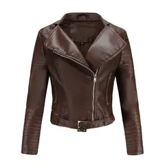 TIOZONEY - Chaqueta de PU con cinturón y cierre para mujer - Café