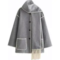 TIOZONEY - Abrigo con extensión de bufanda y bolsillos - Gris