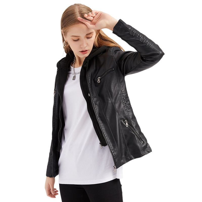 TIOZONEY - Chaqueta de PU con gorro para mujer - Negro