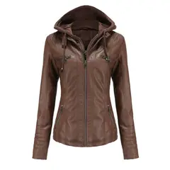 TIOZONEY - Chaqueta de PU con gorro para mujer - Café