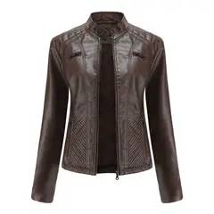 TIOZONEY - Chaqueta de PU casual PU cuello alto - Café