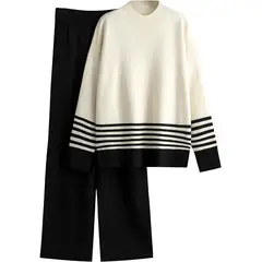 TIOZONEY - Pack chaleco a rayas + pantalón holgado para mujer - Negro