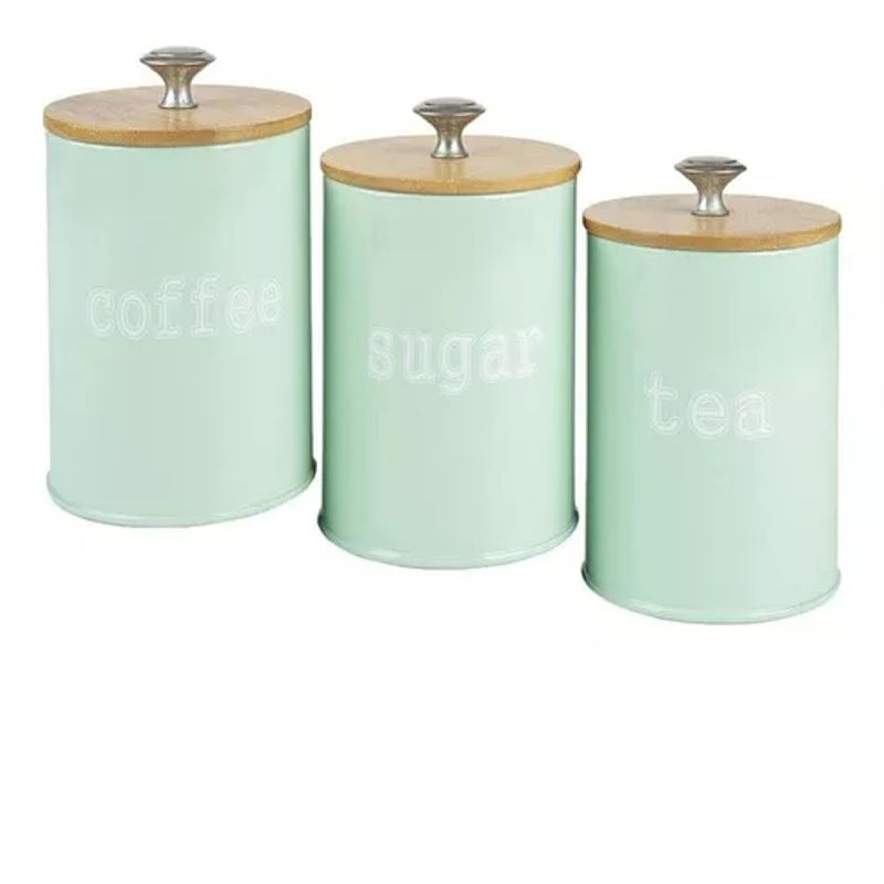 GENERICO - Frasco Hermético Metálico Tapa De Madera Para Cocina 3 Pcs Color Verde