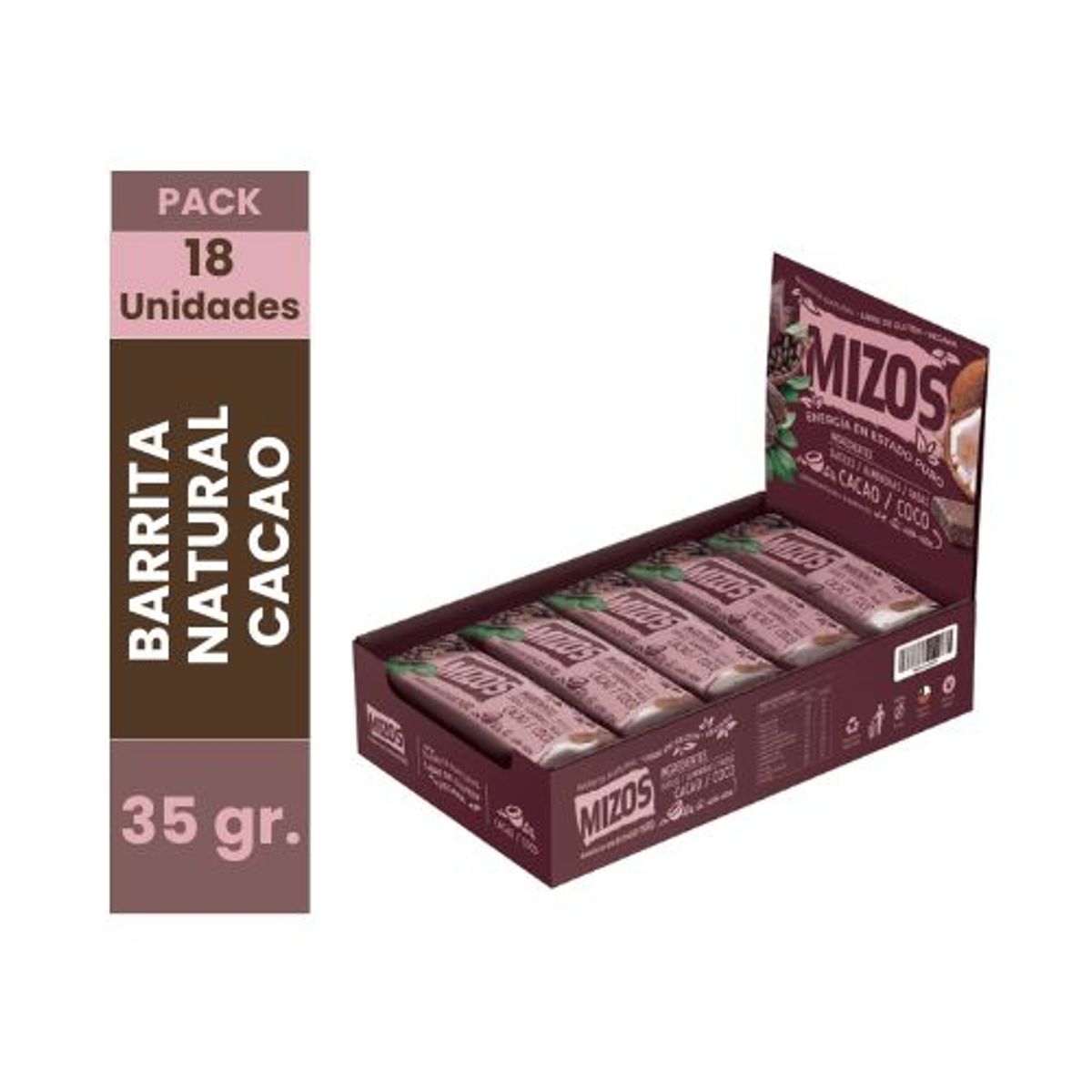 MIZOS - Barrita Natural Cacao Coco Vegan Gluten Free Mizos 18 Unidades