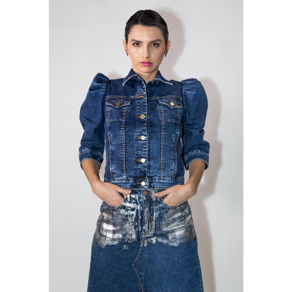 MOMCHIC - Falda Evase Folea Azul Plata