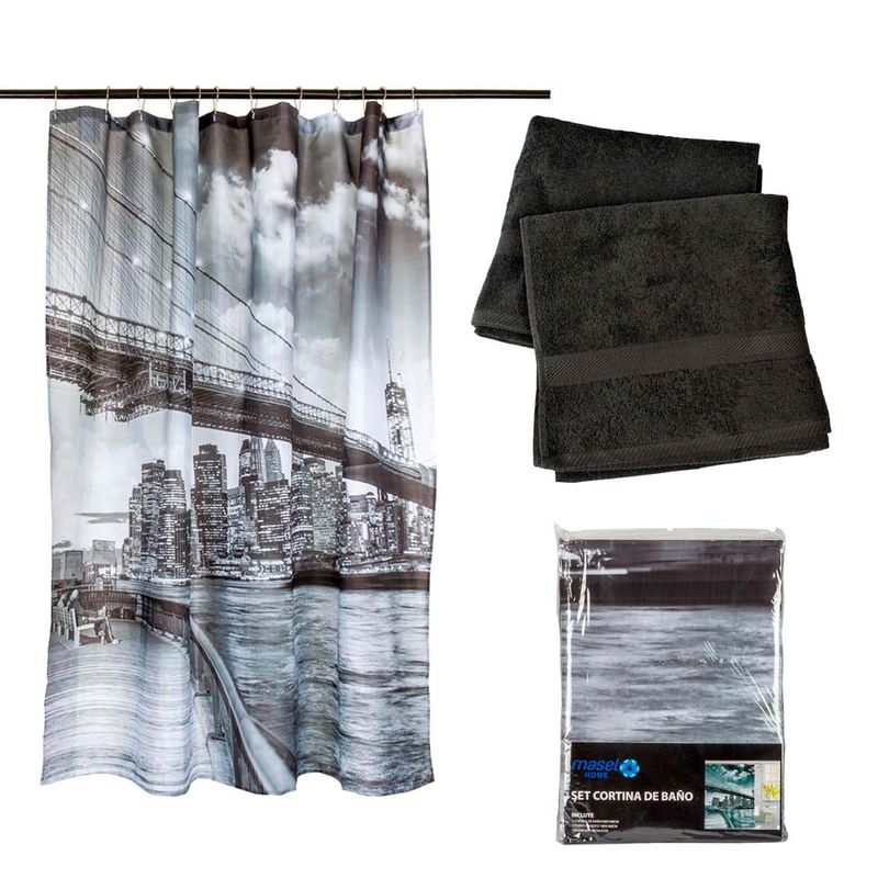 MASEL - Set Cortina Baño Brooklyn Bridge y Juego de Toallas Negra