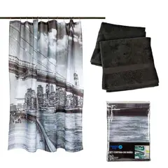 MASEL - Set Cortina Baño Brooklyn Bridge y Juego de Toallas Negra