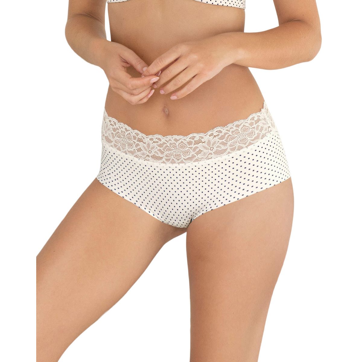 LEONISA - Calzón pantaleta en tela ultraliviana con franja de encaje 012960 Marfil Puntos