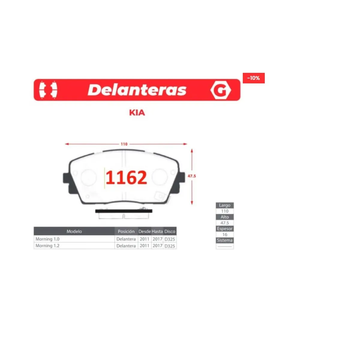 GENERICO - Pastillas de Freno - Kia Morning - Gtx Premium Plus