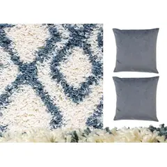 MASEL - Set Alfombra 160X230 Anat1 Shag bLANCA c/ 2 Cojines Felpa Grey