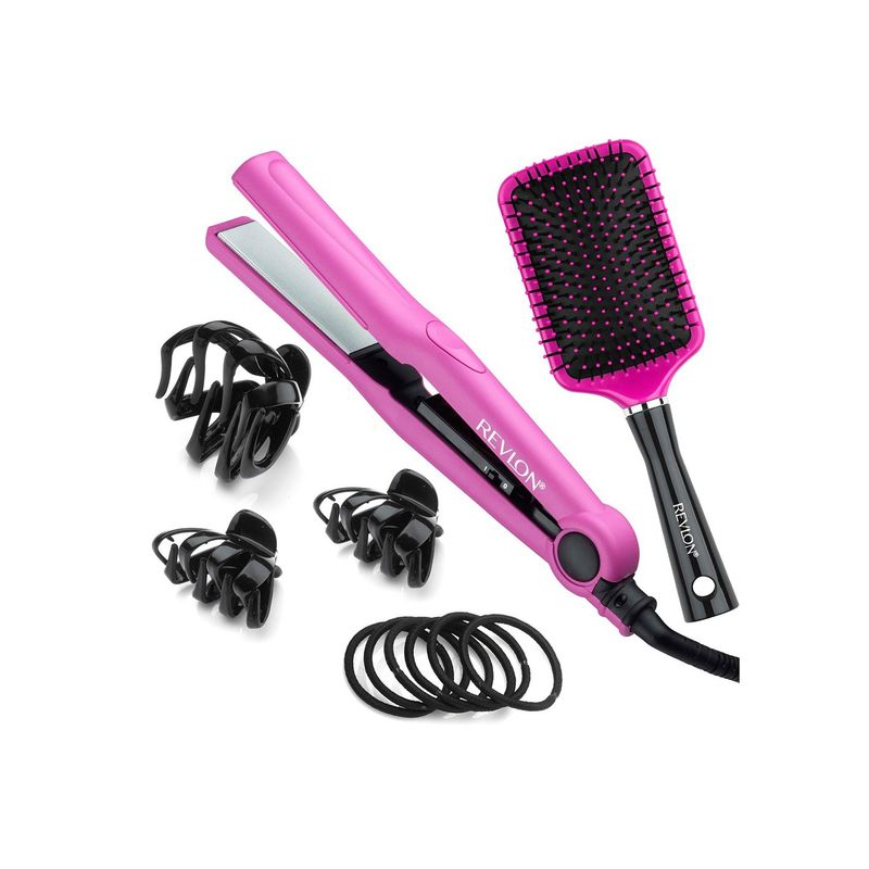 REVLON - Pack Alisador Plancha Revlon Rosa Cepillo y Pinches