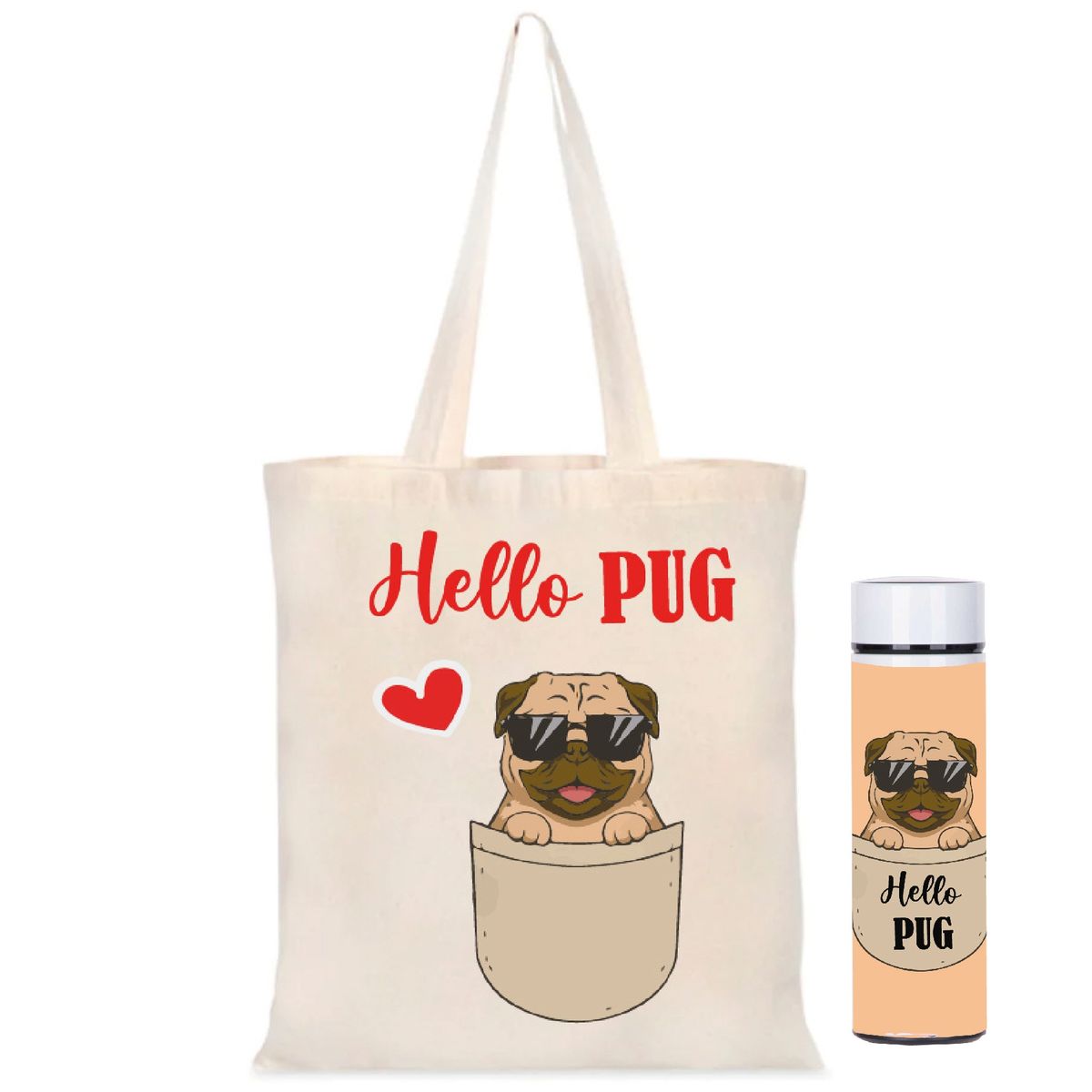 GENERICO - Bolso Pug, doglover, perrito rockero,   más termo led 450 ml estampado