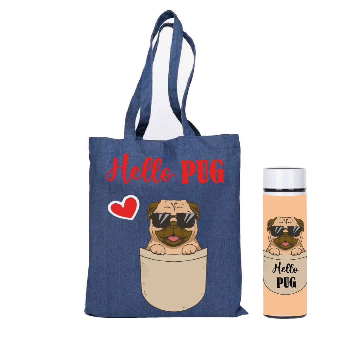 GENERICO - Bolso Pug, doglover, perrito rockero,   más termo led 450 ml estampado