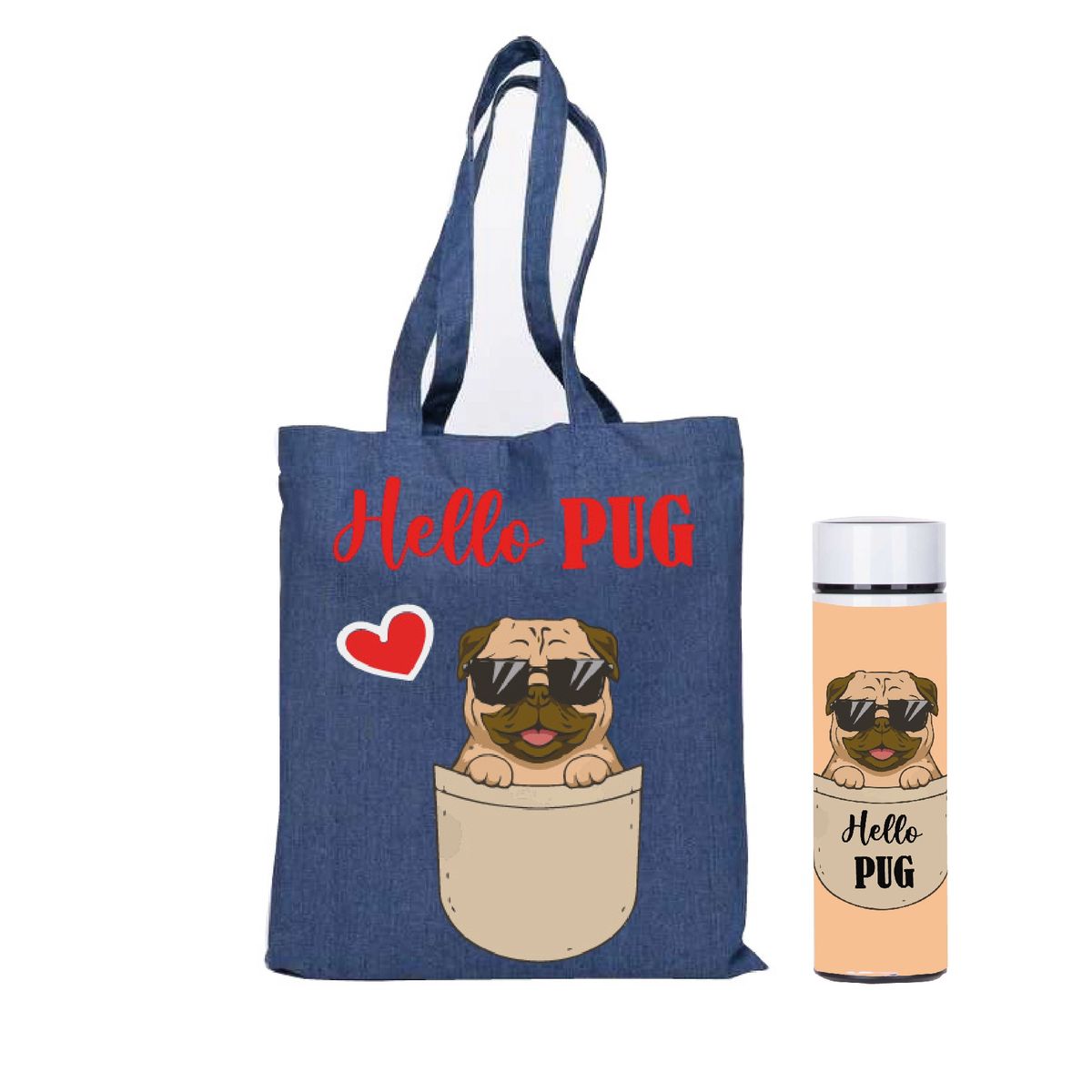 GENERICO - Bolso Pug, doglover, perrito rockero,   más termo led 450 ml estampado