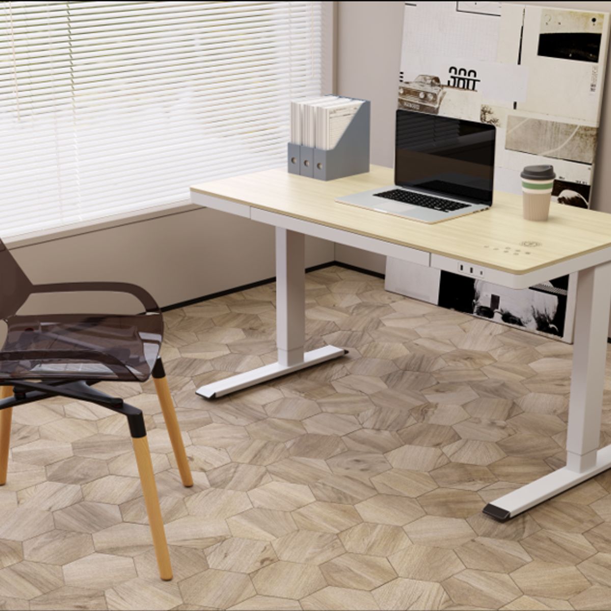 ERGOSTORE - Escritorio Eléctrico superficie Madera Control Inteligente con Cajón