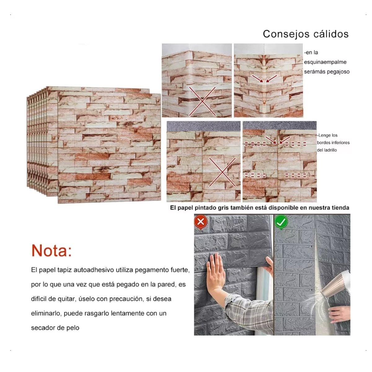 GENERICO - Pack 10 Lamina Papel Mural Autoadhesivo 3d Ladrillo 70x77