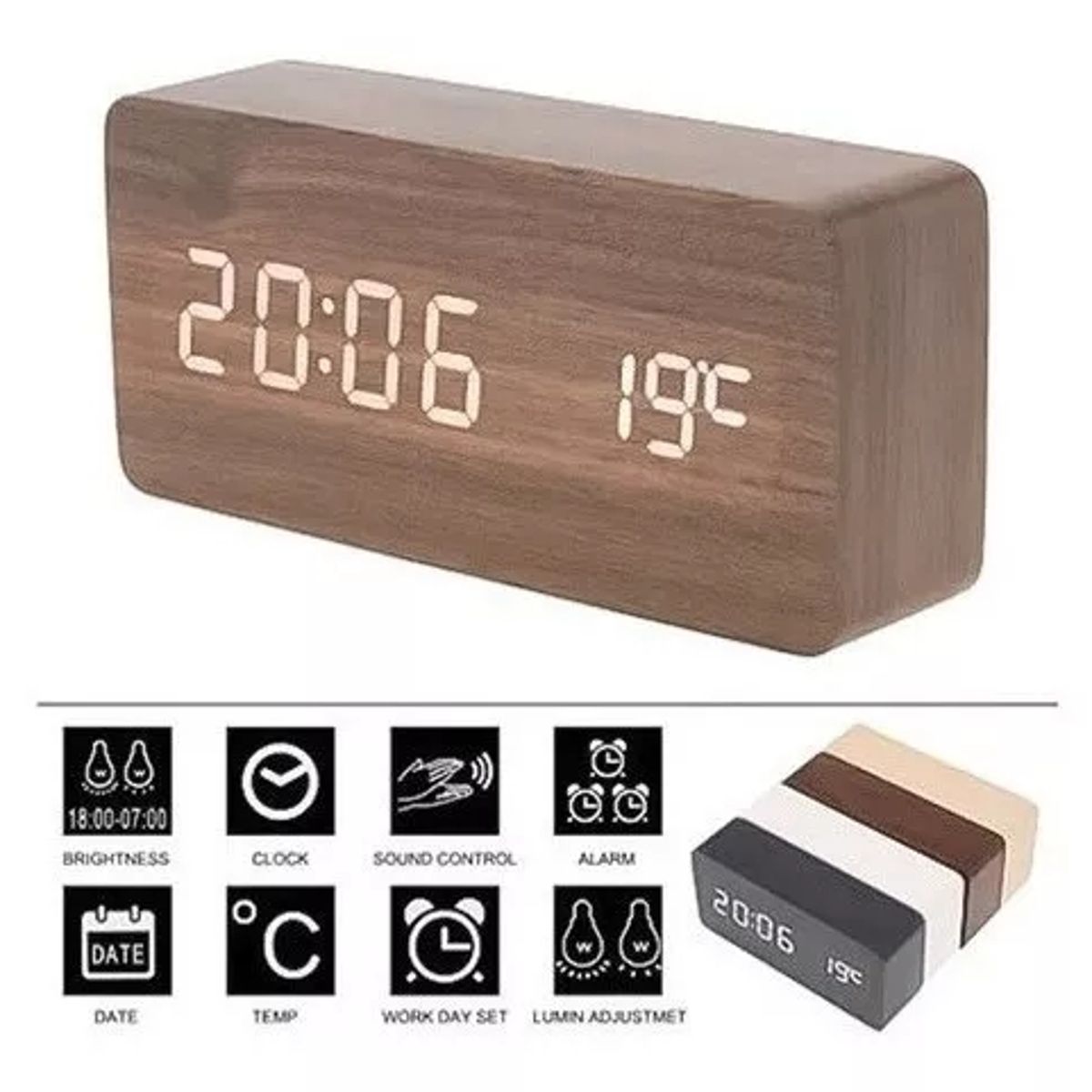 GENERICO - Reloj Despertador Digital De Madera Luz Lcd Pilas Y Usb 1299