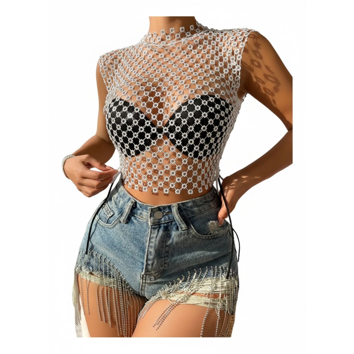 GARSIL - Crop Top Tipo Malla Con Brillos Polera Para Mujer Ajustable