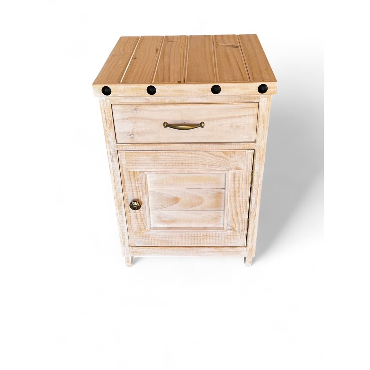 TAIKKEE - VELADOR RUSTICO BLANCO DECAPADO EN MADERA 1 CAJON 1 PUERTA