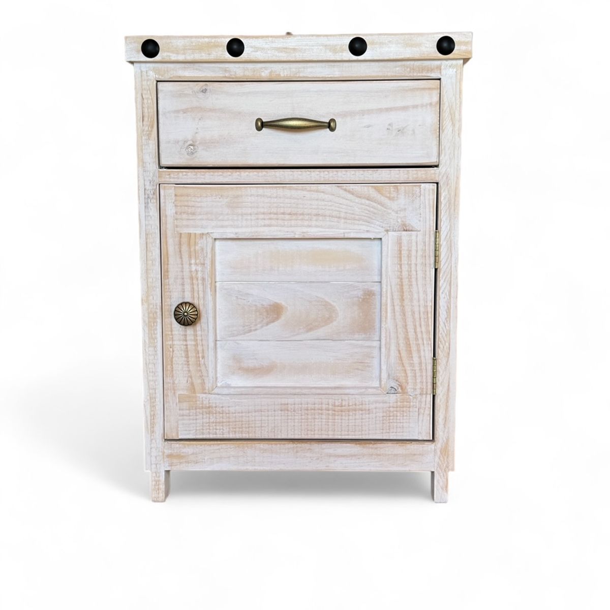 TAIKKEE - VELADOR RUSTICO BLANCO DECAPADO EN MADERA 1 CAJON 1 PUERTA