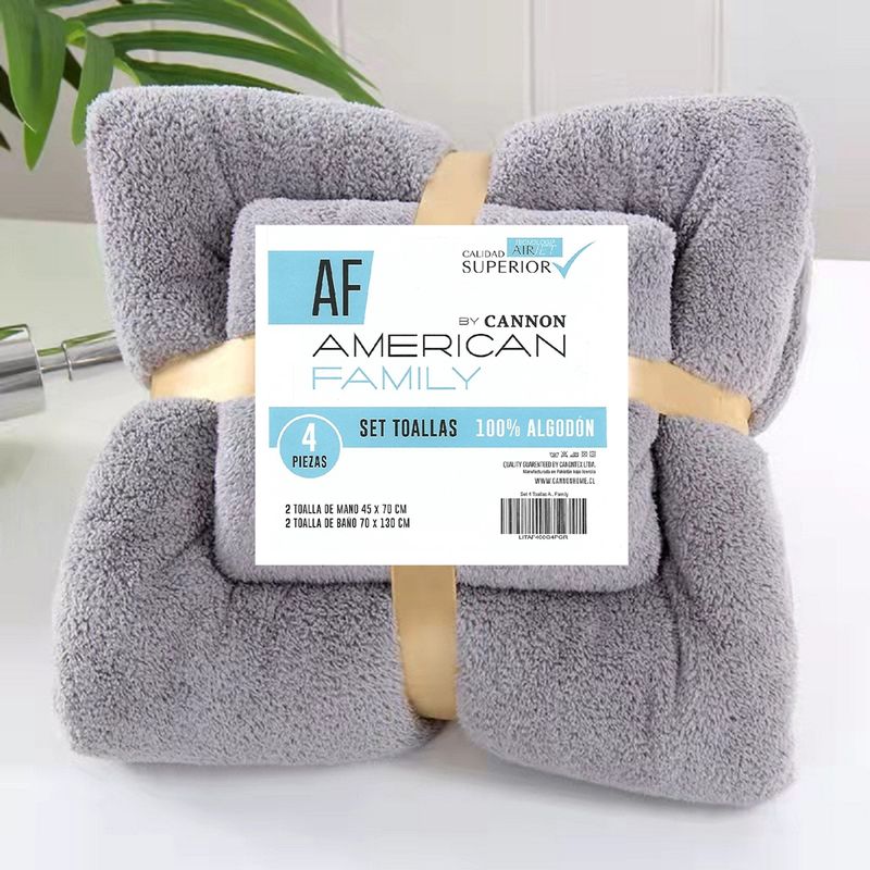 AMERICAN FAMILY - Set 4 Toallas American Family (2 Baño y 2 Mano) Algodón 400 grs Gris