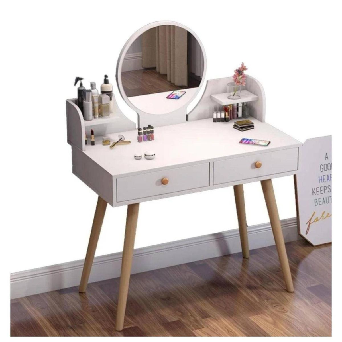 HOMER DESIGN - Mueble Tocador Organizador 2 Cajones Con Espejo 73x60x40cm