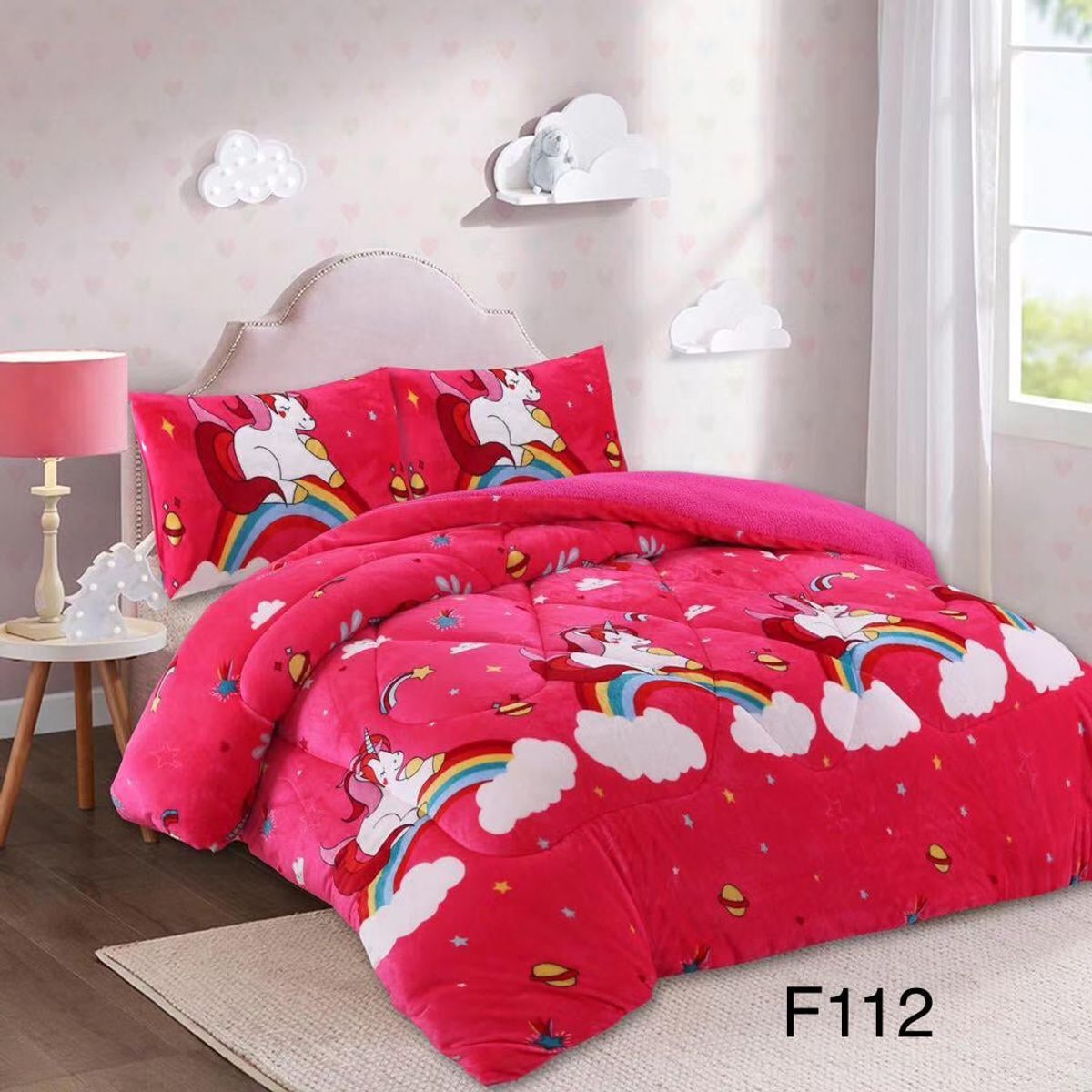 GENERICO - Cobertor Plush  CON CHIPORO diseño UNICORNIO FUCSIA 1,5 plaza  TF