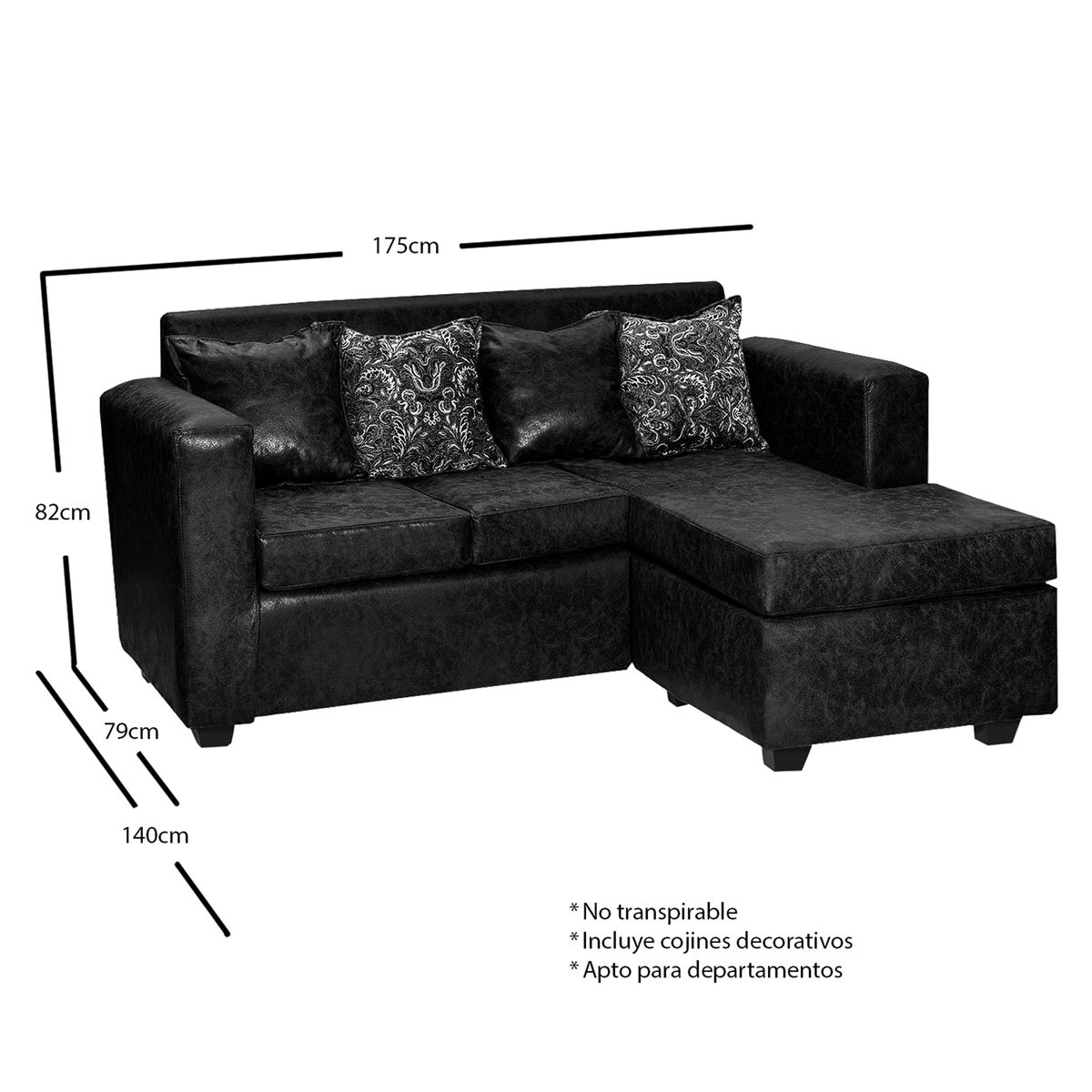ADONIS LEUDH - Sofá Seccional Intercambiable Ezeiza Envejecido Negro Brillante