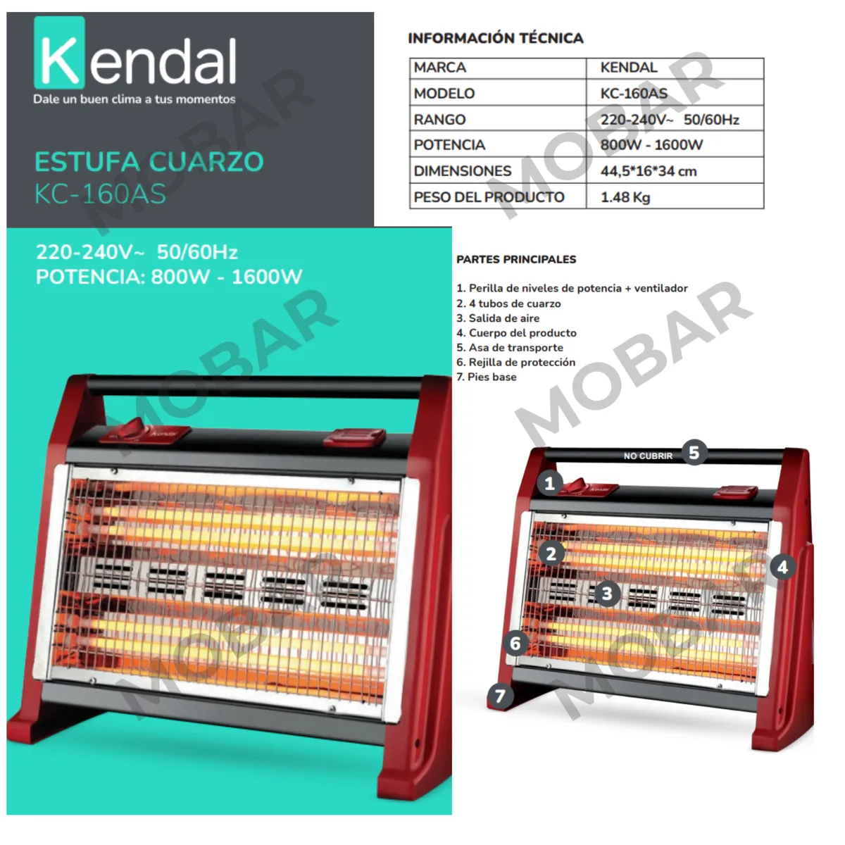 KENDAL - Estufa Infrarroja Calefactor Electrico Kendal Kc-160 Calor Limpio 30m2