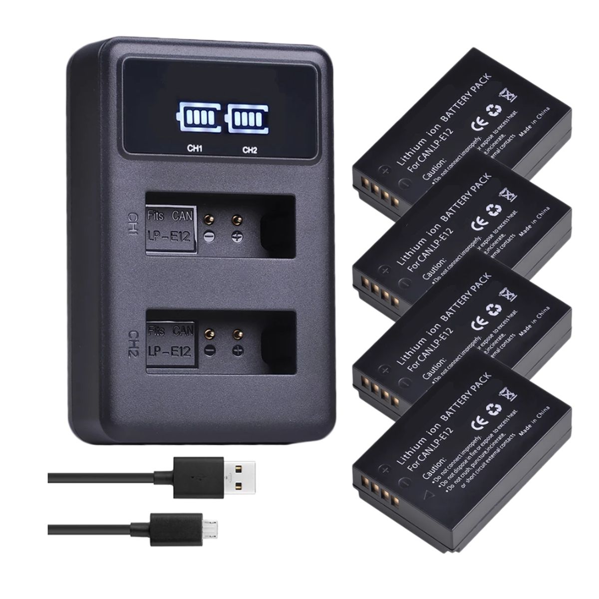 GENERICO - 4 BATERÍAS LP-E12 + CARGADOR DOBLE LC-E12 ALTERNATIVO CANON