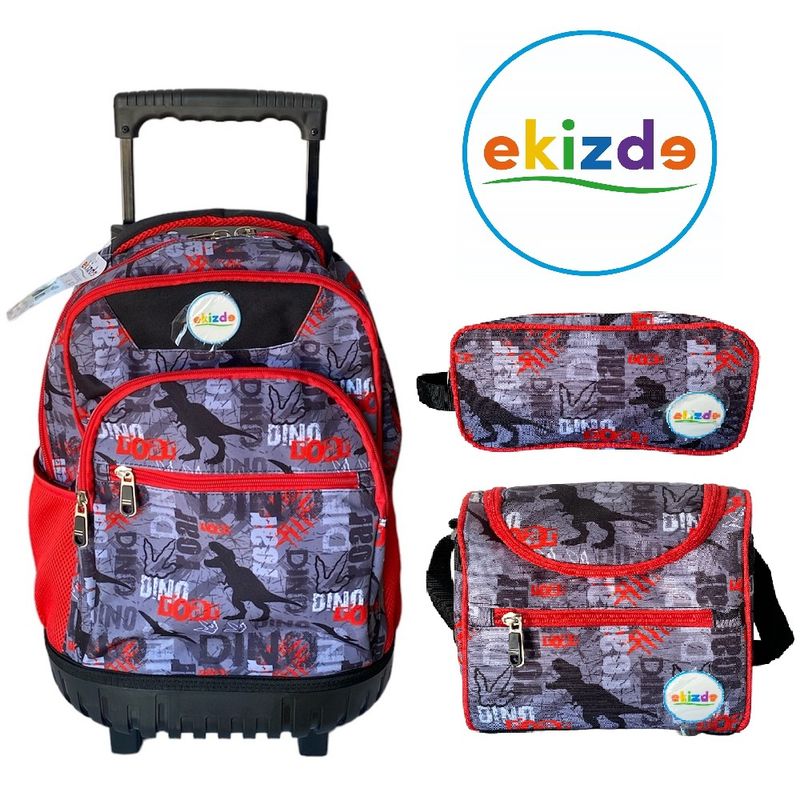 EKIZDE - PACK ESCOLAR 3PCS MOCHILA CON RUEDAS LONCHERA ESTUCHE EKIZDE DINO