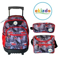 EKIZDE - PACK ESCOLAR 3PCS MOCHILA CON RUEDAS LONCHERA ESTUCHE DINO