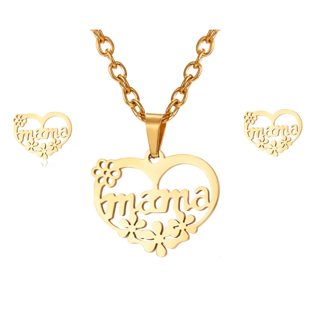 LUXURYJOYAS - Set Collar + Aros Corazón Mamá Baño Oro 18k Día De La Madre