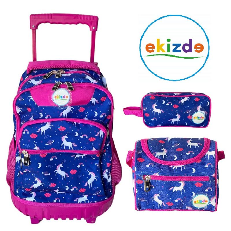EKIZDE - PACK ESCOLAR 3PCS MOCHILA CON RUEDAS LONCHERA ESTUCHE EKIZDE UNICORN