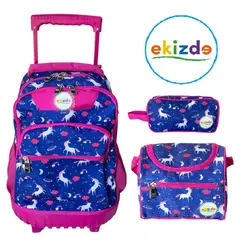 EKIZDE - PACK ESCOLAR 3PCS MOCHILA CON RUEDAS LONCHERA ESTUCHE UNICORN