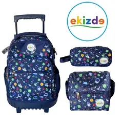 EKIZDE - PACK ESCOLAR 3PCS MOCHILA CON RUEDAS LONCHERA ESTUCHE SPACE