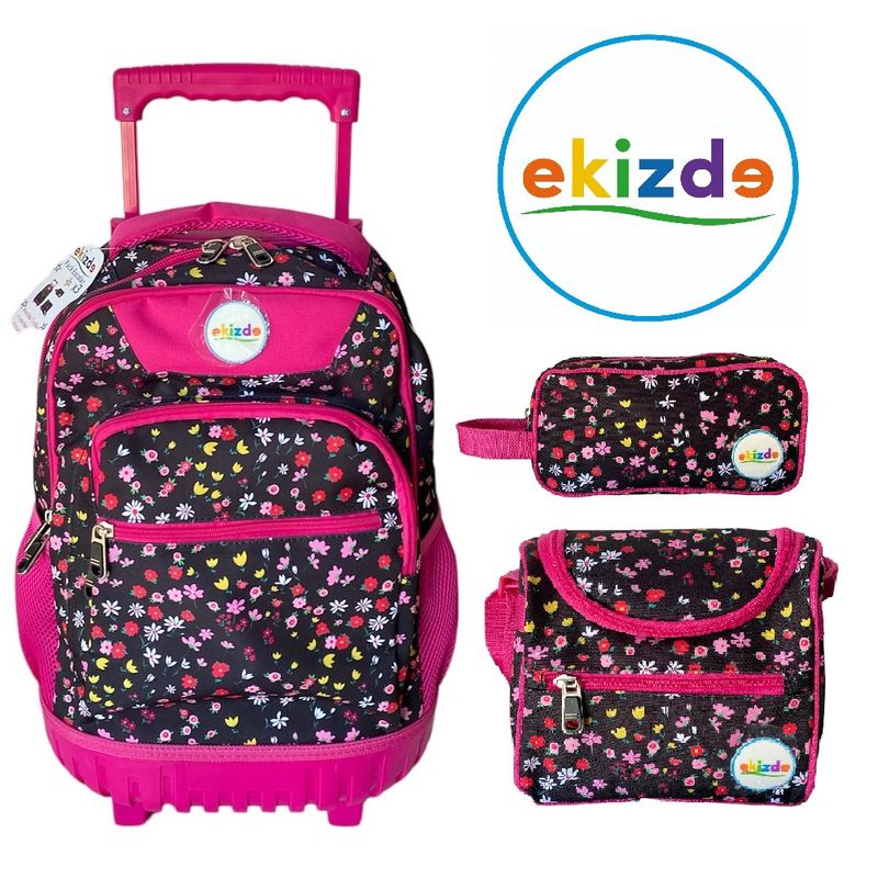 EKIZDE - PACK ESCOLAR 3PCS MOCHILA CON RUEDAS LONCHERA ESTUCHE EKIZDE FLOWERS