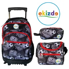 EKIZDE - PACK ESCOLAR 3PCS MOCHILA CON RUEDAS LONCHERA ESTUCHE SOCCER
