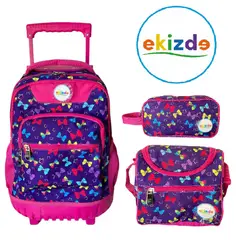 EKIZDE - PACK ESCOLAR 3PCS MOCHILA CON RUEDAS LONCHERA ESTUCHE LAZOS