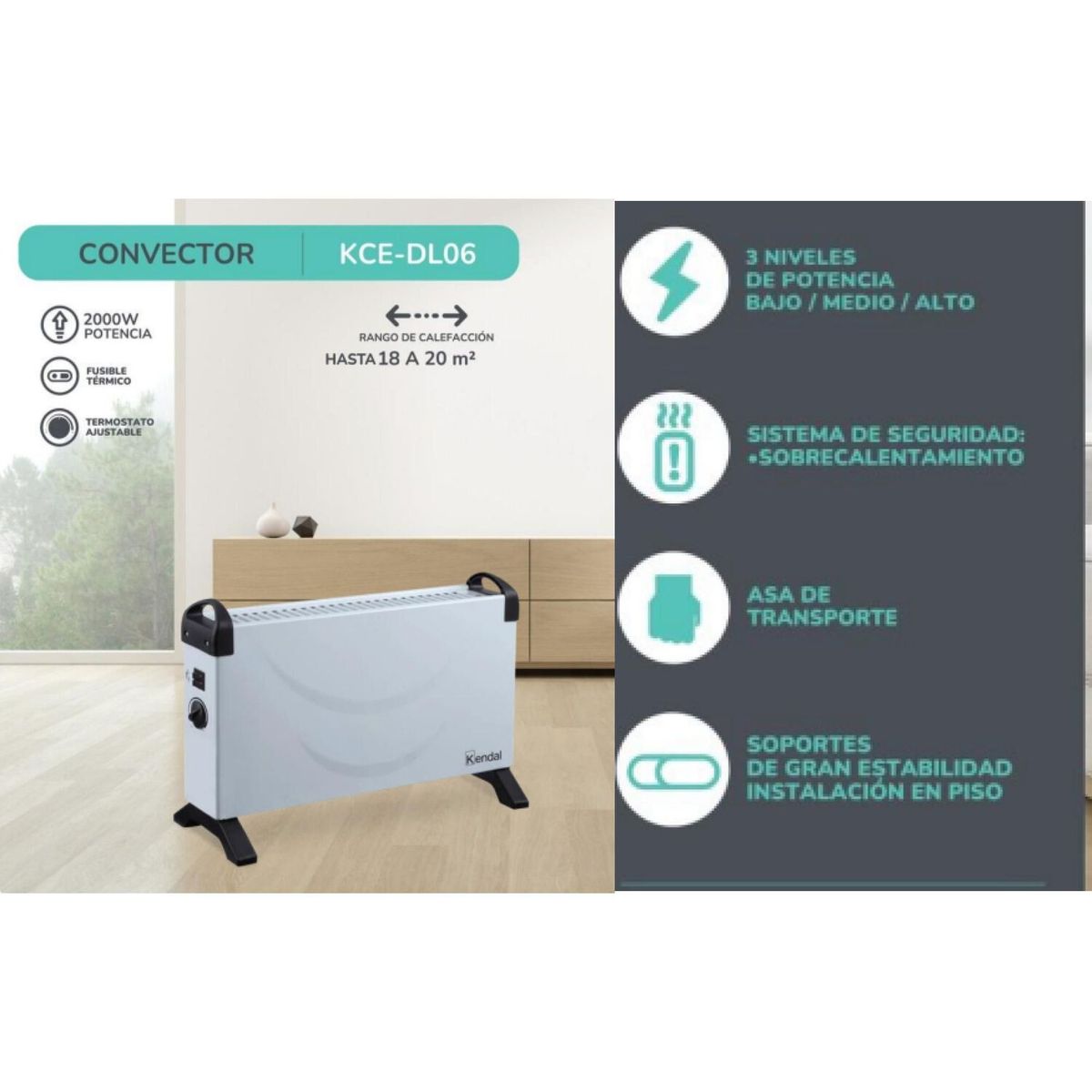 KENDAL - Convector Electrico Calefactor Estufa Kendal Kce-dl06 2000w
