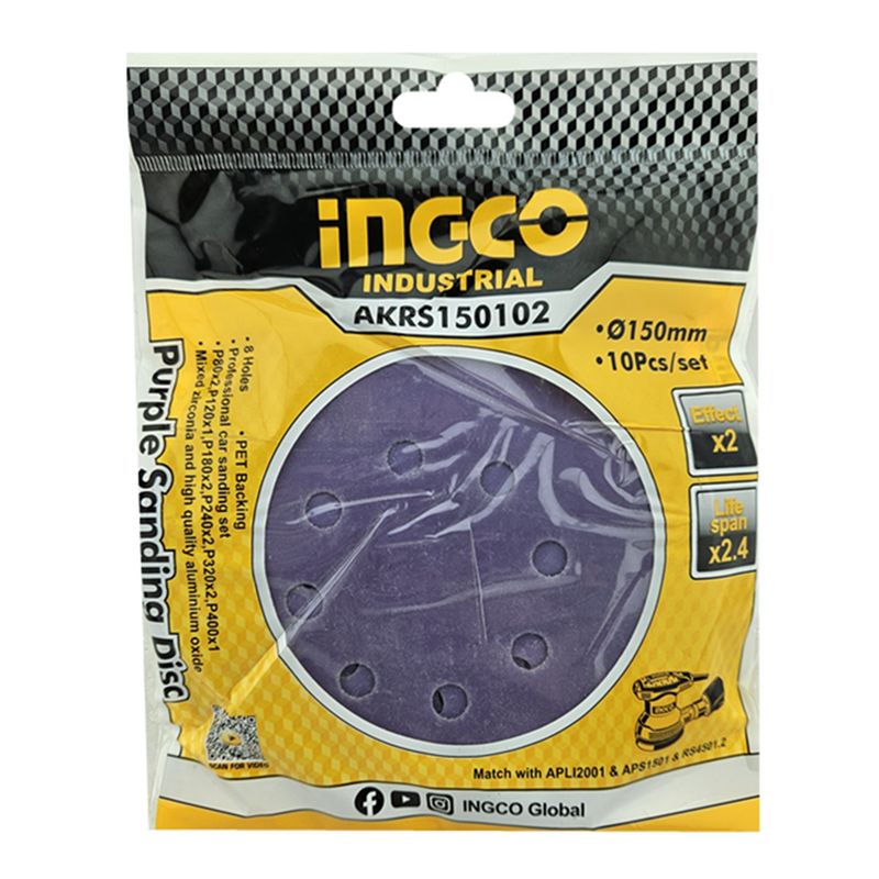 INGCO - 10 Disco Lija Zirconio 150mm Velcro Grano Variado Akrs150102