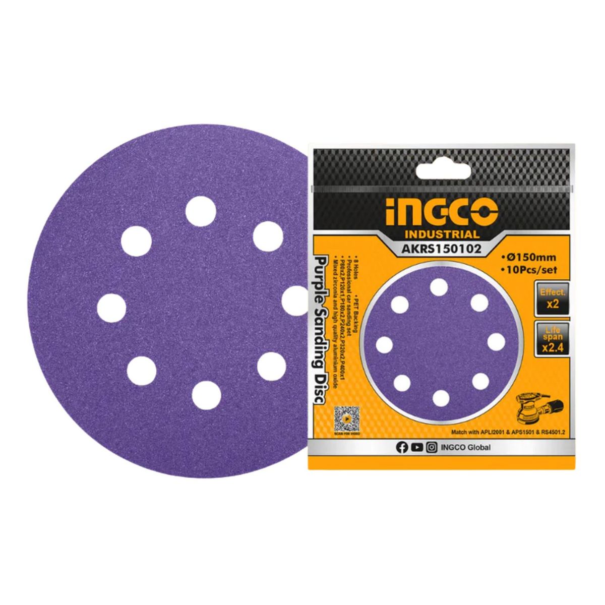 INGCO - 10 Disco Lija Zirconio 150mm Velcro Grano Variado AKRS150102